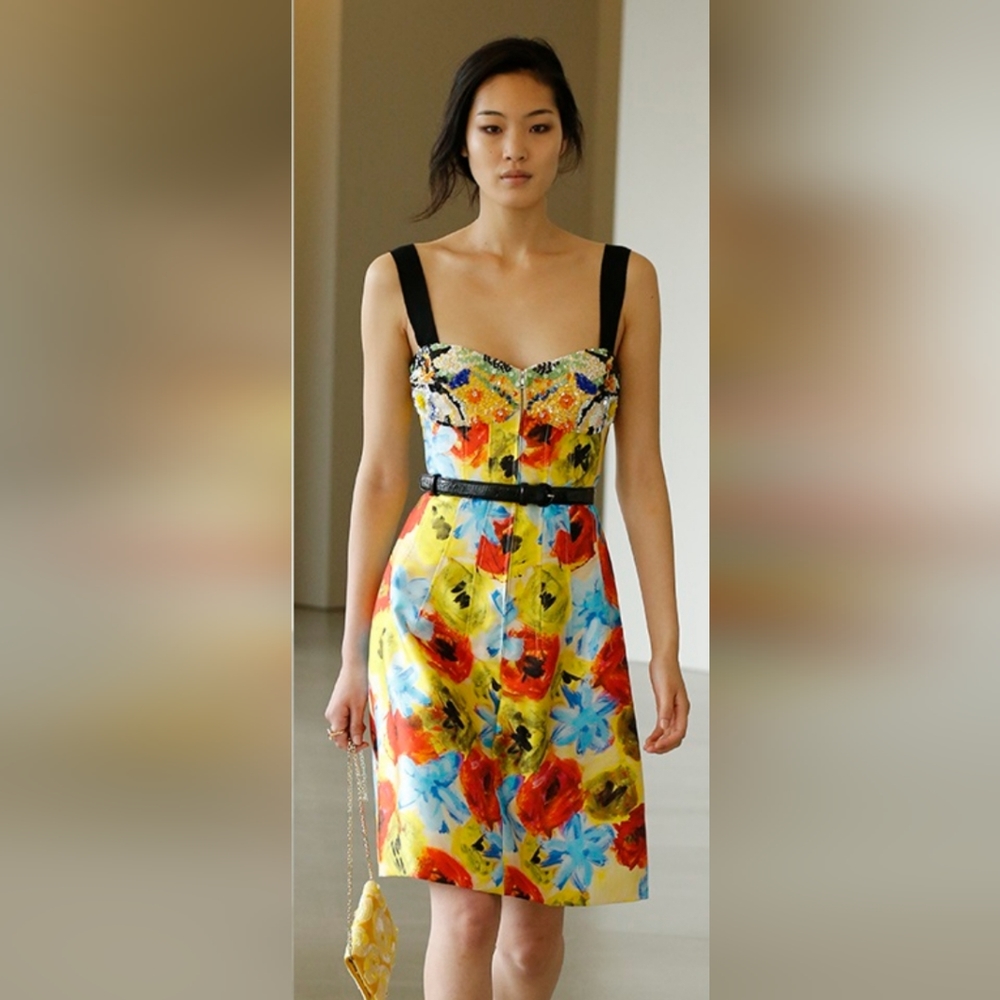 $3,900 NEW OSCAR DE LA RENTA ADORABLE FLORAL SILK BEADED RUNWAY DRESS US 14